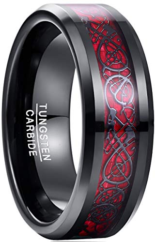 NUNCAD Unisex Ring Paare Wolfram mit Keltischen Drachen + Kohlefasern Rot für Hochzeit Valentinstag Trauung Party Größe 65(20.7)