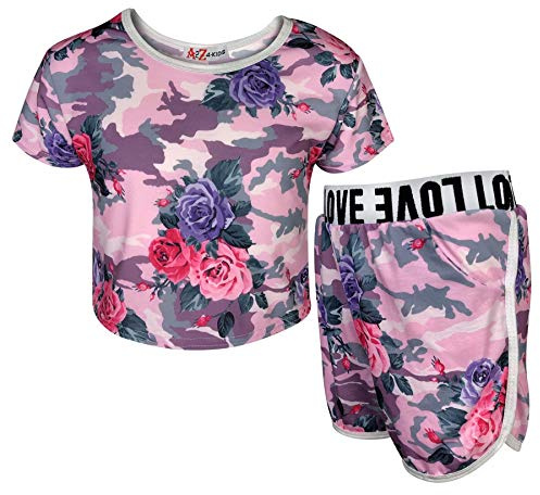 A2Z 4 Kids Girls Shorts Set Camouflage Crop Top Active Shorts Lightweight Sleeveless T Shirts Soft Feel Casual Wear Fashionable Summer Outfit Top & Short New Age 5-13 Years