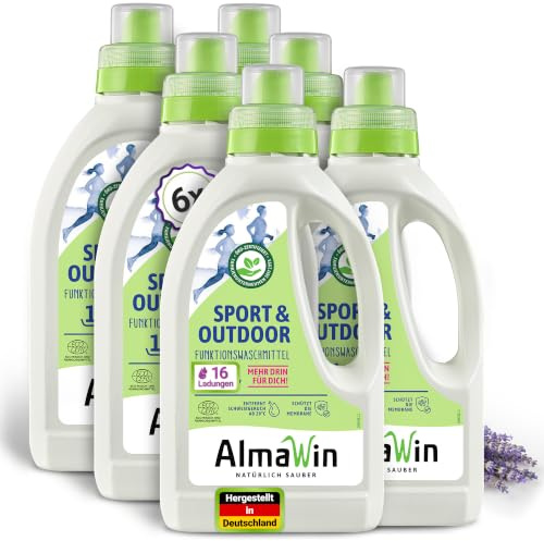 AlmaWin® Sportwaschmittel für Funktionskleidung [6x 750ml] entfernt effektiv Schweißgeruch - Membranfunktion-schützendes Funktionswaschmittel - Outdoor Waschmittel - Reisewaschmittel [20-40°C]