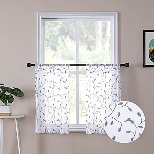 Tollpiz Kurze, durchscheinende Stufen-Vorhänge mit Blattstickerei, grau, ideal für Küche oder Badezimmer. Voile aus Kunstleinen, 76,2 x 61 cm, mit halber Vorhangstange und Tasche, Set mit 2 Paneelen