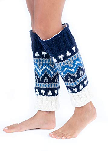 Tibetan Socks Handgestrickte Beinstulpen aus Wolle mit Fleece gefüttert, Blau, Einheitsgröße