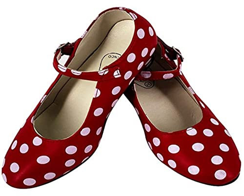 Costumizate! Zapatos de Baile Flamenco con Diferentes Tallas Desde niña a Mujer. Precioso Color Rojo con Lunares Blancos Talla 24