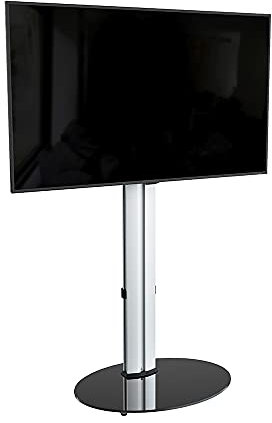 AVF Freestanding Column TV Stand - Silver Pedestal Column TV Stand With Universal VESA Bracket - For Up to 55 Screens - Swivel - Gloss Black Safety Glass Shelf Base - Premium Materials