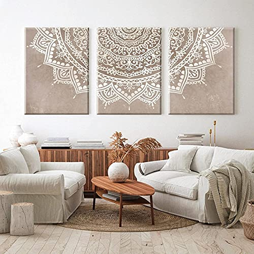Leinwand Wandkunst Mandala Wandkunstdrucke Beige Taupe Böhmische Schlafzimmer Wand Poster Drucke Wohnzimmer Home Wanddekoration 3 Stück 60x80 cm rahmenlos