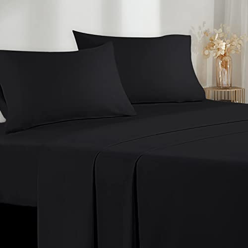Poligino Parure De Lit 180x190/200 4 Pièces en Microfibre - Drap Housse 180x200 cm - Drap Plat 2 Personne 260x280 cm - 2 Taie d'oreiller 50x80 - Haute Qualité - Noir