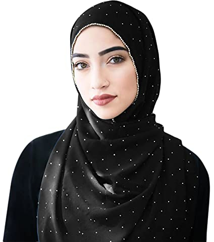 ANKOMINA Damen Weicher Chiffon-Schal mit Strass – Langer Modeschal, Muslimischer Hijab, Kopftuch, Schwarz, Einheitsgröße