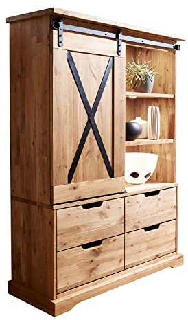 Vitrine - Wildeiche massiv geölt - B 102 cm - 1 Rolltür - 4 Schubladen