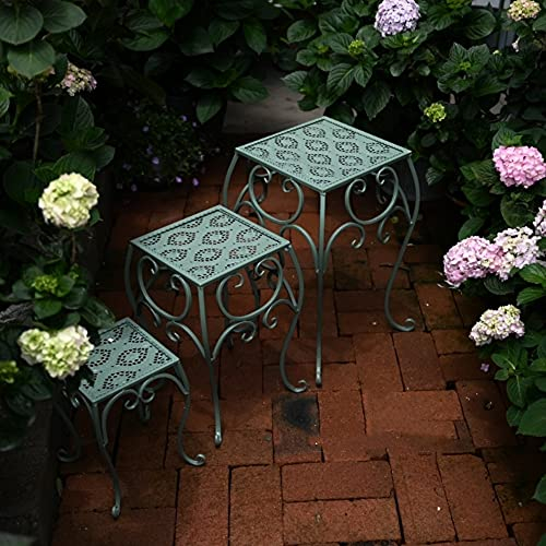 Retro Blumenhocker aus Schmiedeeisen, dreiteiliger Gartenleiter-Blumenständer, dekorativer Torus im Topf, Blumentopfdekor, Blumenbeet, Pflanzendisplay Beistelltisch,Grün