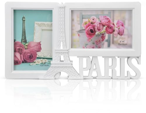 Cyrank Holz Bilderrahmen Für 2 Fotos Faltbar, Doppel Bilderrahmen, Eiffelturm Liebe Bilderrahmen Aus Metall Für Büro Schreibtisch Ornamente 10,2x15,2cm Für Familie, Hochzeit, Mädchen, Jungen