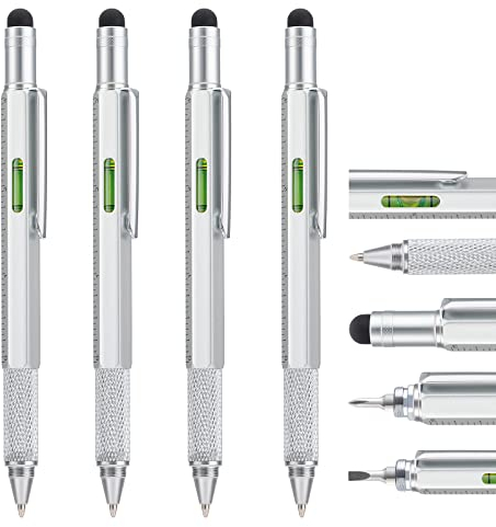 Stylo Multitool Pen 4 Pièces avec Recharges Supplémentaires, Stylo Métal Multifonction 6 en 1 avec Règle et Jauge de Niveau, Gadget Cool pour Homme, Cadeau pour Mari Papa Père (Argent)