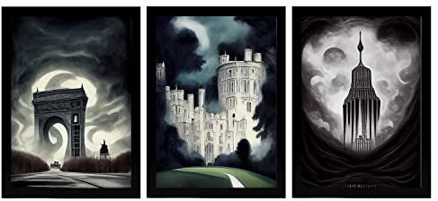 Nacnic Set mit 3 Dunkel Poster im T. Burton Stil. Illustrationen von Denkmälern und Städten, inspiriert von Burtons Dark und Goth Kunst. Innenarchitektur und Dekoration. A4.