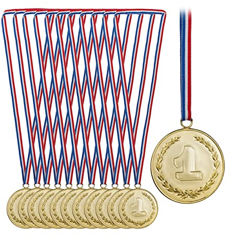 Relaxdays Goldmedaille Kinder, 12er Set, Ø 7 cm, Plastik, mit Band, Medaillenset Kindergeburtstag, Auszeichnung, Gold