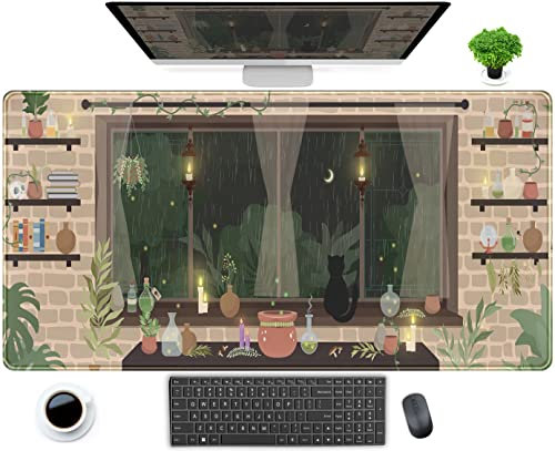 Cute Beige Brown Anime Desk Mat Kawaii Rainy Night Moonlight Witch XXL Large Extended Full Desk Gaming Mousepad XXL Long Keyboard Mouse Mat Desk Pad 31.5x15.75 in, Decor Desk Mats for Women Girl