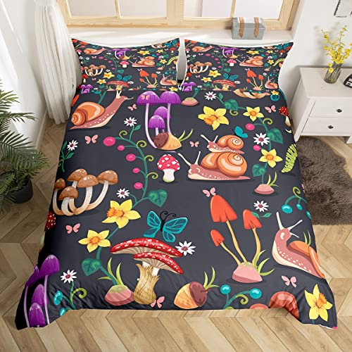 Loussiesd Schnecke Bettwäsche Teenager Mädchen Pilze Bettwäsche 135 x 200cm Rose Blume Braun Bettbezug Garten Bettwäsche Set Weiche für Teens Exotische Art Bettbezug Pilz Tiere Theme