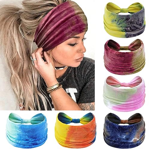 Kavya Stirnband Damen Breite Elastische Weiche Boho Haarbänder Leopard Print Haarschmuck Yoga Sport Haarband Mehrfarbig Haarreifen Damen (Tie-Dye)