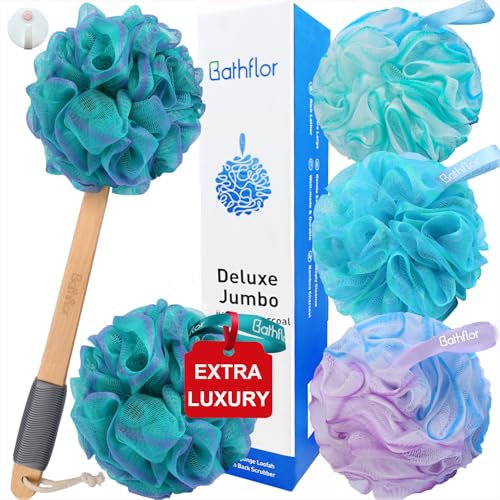 Bathflor Spugna di luffa da 80 g, luffa con manico lungo per doccia e bagno, 4 pouf in morbida luffa extra large da 80 g, 1 luffa curva con manico lungo su un bastone, 1 gancio doccia, scrub corpo per