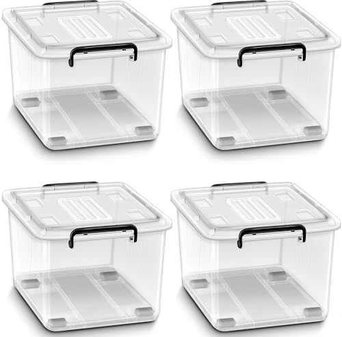 tillvex® Aufbewahrungsboxen mit Deckel 4er Set - 42 Liter, lebensmittelecht | Kunststoff Boxen Set stapelbar | Aufbewahrung Ordnungssystem Box groß | Aufbewahrungsbox Kleiderboxen 100% Neumaterial