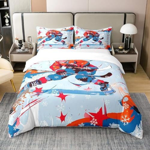 100% Natürliche Baumwolle Eishockey Tröster Abdeckung Hockey Spieler Bettwäsche Set Hockey Punk Bettbezug 220x240 Kinder Jungen Teens Jugendlicher Wintersport Spiel Bett Set mit 2 Kissenbezügen