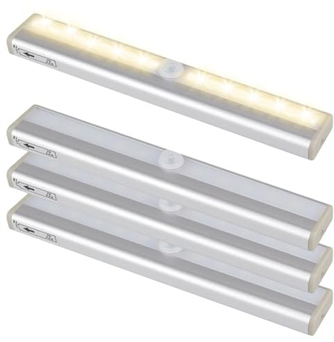 Bewegungssensor LED Strip Licht, Warmlicht Bewegung Aktiviert RV Schritt Lichter Motion Sensor Lichter Indoor 10 LEDs Drahtlos Unter Schrankbeleuchtung mit Magnetstreifen für Schrank Flur (4 Stück)