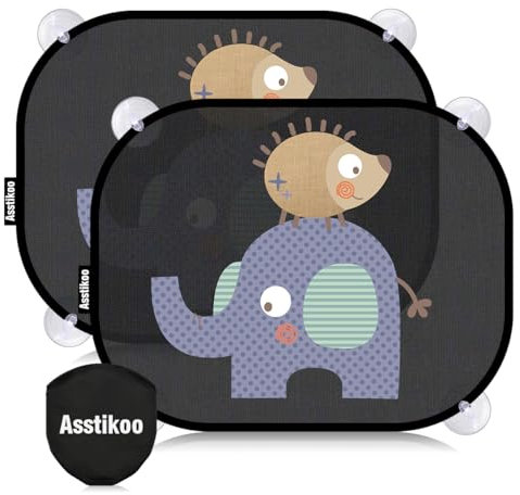 Asstikoo Auto Sonnenschutz Baby mit UV Schutz, 45x35.5cm Sonnenblende mit 8 Saugnäpfen, Autofenster Sonnenschutz für Kinder mit süßen Tier Motiven-2er Set (Helles Schwarz)