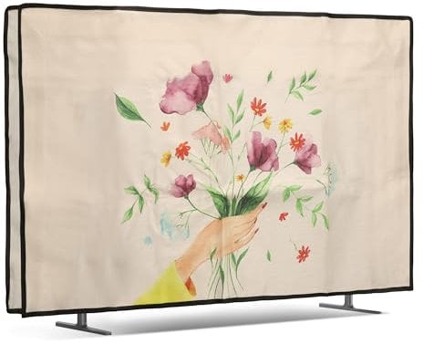 kwmobile Dust Cover for 32 TV Dust Cover - Linen Fabric TV Protector - Watercolor Flowers Dusty Pink/Violet/Yellow