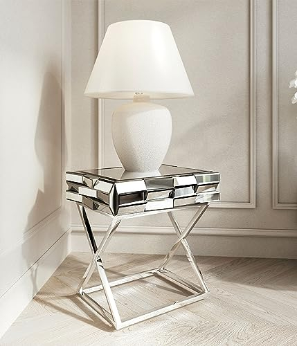 FABS Knightsbridge Collection – Table d'appoint miroir gris et argenté – Design effet verre 3D – avec tiroir – Pieds croisés chromés – Meubles de chambre à coucher et de salon
