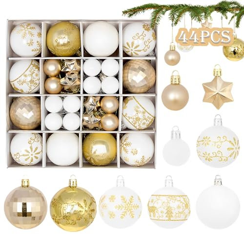 44 STK Weihnachtskugeln Weiß Gold Set,Ø6/4.3/3cm Weihnachtsdeko Kugeln mit Haken,Anhänger Christbaumkugeln Kunststoff Weihnachtskugeln Weihnachtsbaum für Weihnachtsfeier Weihnachten Geschenke