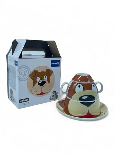 Vienberg 4-tlg Kindergeschirr Porzellan Frühstück Set | Hund Figur Motiv | Teller + Tasse + Schüssel + Eierhalter, stapelbar, Made in EU