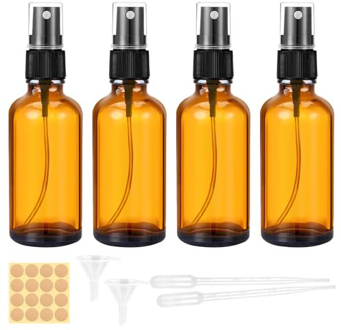 50ml mber Glass Spray Bottle, 4pcs Empty Fine Mist Spray Bottle, Refillable Brown Glass Spray Bottle with Dropper, Funnels, Label for Cleaning, Aromatherapy, Perfume, Hair, Cosmetic Travel Sprays