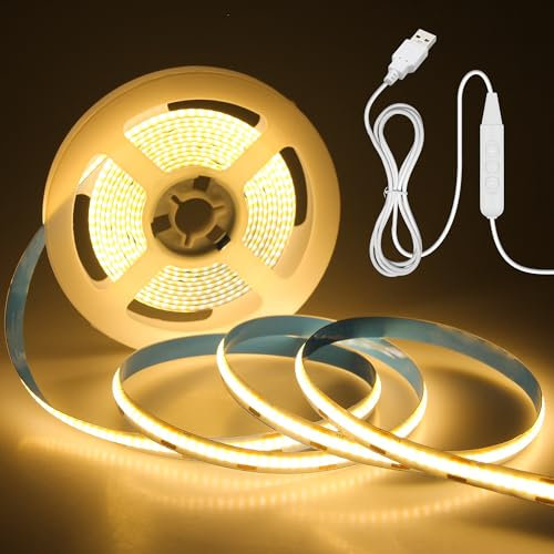 Aclorol 5V COB LED Strip Warmweiss Dimmbar USB 3M Flexible TV LED Hintergrundbeleuchtung 8mm Width LED Band mit Selbstklebend für Displays unter Küchenschränkeng 3D Drucker Schrank Bedroom 320Leds