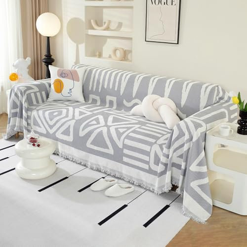 Royhom Couch Überzug 2/3/4 Sitzer, Sofa Überzug Ecksofa, Sofabezug L Form, Chenille Sofaüberwurf, Couch Überwurf mit Deko Quasten, Hellgrau Sofa Überwurf(Boho Hellgrau, 230x380cm)