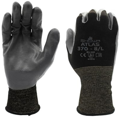 SHOWA Atlas 370B Professional Nitrile Work Gloves, Breathable High-Dexterity Precision Grip for Landscaping, Gardening & Assembly, General Purpose Gloves, Black, Small, Vending Pack, 12-Pair