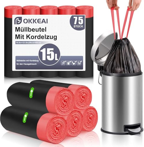 OKKEAI Schwarz Müllbeutel 15L mit Zugband Kleine Mülltüten,75 Stück Reißfest Müllsacks