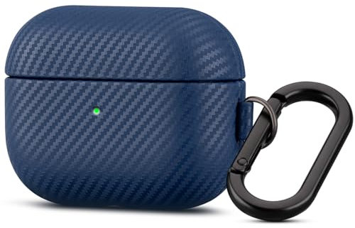 Haobobro Karbonfaser Leder Hülle für AirPods Pro 2 - Handgefertigt Stoßfest Schutzhülle mit Karabiner - Blau