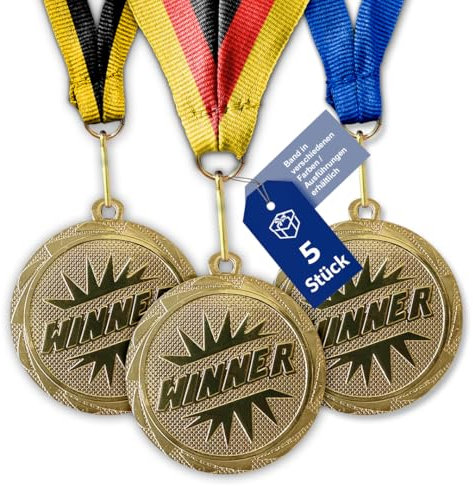 Pokal-Fabrik.de - Winner Medaillen Kinder Set - Bandfarbe & -breite nach Wahl - 5er Set in Gold aus Metall zum Kindergeburtstag - optional mit Wunschtext - für Turniere & Vereine (5 Stück)
