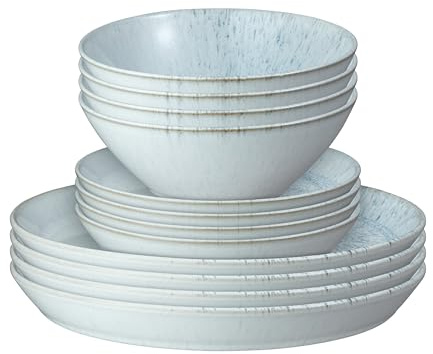 Denby - Kiln Blue Dinner Set for 4-12 Piece Ceramic Tableware - Dishwasher & Microwave Safe Crockery - Tranquil Hand Glaze Plate & Bowl Set - Includes 4 x Dinner Plates, Small Plates & Cereal Bowls