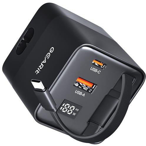 GEARit 65W Desktop GaN Charger - Fast Charging USB-A and USB-C Charger Block - Compact GaN Charging Station with Integrated Cable, Dual Ports, Real-Time Power Display