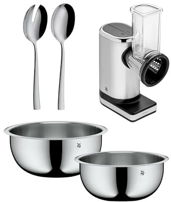 WMF Set 3-teilig Küchenminis Salat to go, elektrische Gemüseraspel (150 W, 5 Einsätze) und Philadelphia Salatbesteck 23,7 cm und Gourmet Küchenschüssel-Set, 2-teilig, 22 und 24 cm, stapelbar