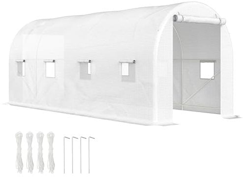 Outsunny Invernadero de Túnel 500x200x205 cm Invernadero de Jardín con Puerta Enrollable y 8 Ventanas Cubierta PE 140 g/m² Marco de Metal para Cultivo Plantas Verduras Blanco