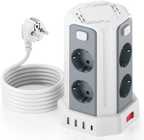 Torre Regleta Vertical Enchufes 16A Regleta Enchufe con 8 Tomas Corrientes y 4 Rápida USB Tomas Protección de Sobrecarga Cable de extensión de 3 Metros y Tapón de Seguridad