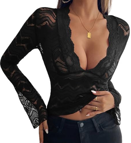 Women Y2k Lace Long Sleeve Top Deep V Neck Bell Sleeve Y2K Crop Going Out Top Sexy Sheer Slim Fitted T Shirt (Black, L)