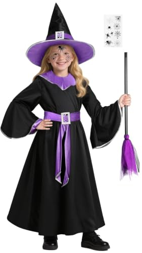 BSBUY Costume da Strega, Halloween Costume da Strega Viola, 5PZ Abito da Witch per Bambina e Donna per Halloween, con Cappello, Scopa, Cintura e Adesivo, Vestito da Maga Vampiro di Carnevale, Cosplay