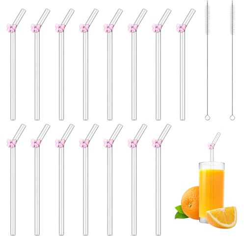 AYSYR Pajitas De Cristal Con Reverberación Reutilizables Para Bebidas, 15 Unidades, Con 2 Cepillos De Limpieza, Pajitas De Cristal Para Zumos, Té De Burbujas, Granizado, Cóctel