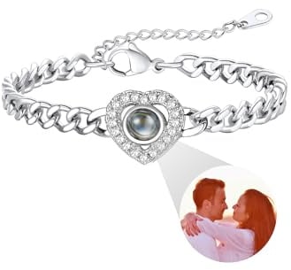 Custom4U Personalisierte Armbänder für Frauen Silber/Gold Armband mit Herzprojektion Foto personalisiert, 5 mm Breite, 16 + 5 cm Länge Messingkette für Sie Schmuckgeschenke zum Geburtstag, Jubiläum