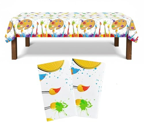 2 Stück 2.2x1.3m Malunterlage Tischdecken mit Bunten Paletten Pinsel Muster | Abwaschbar Bastel Tischdecke, Party Tischdecke Wasserdicht, Tischtuch Basteltischdecke für DIY Basteln Malen