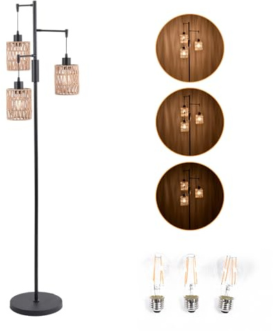 Lampadaire De Salon, Lampadaire Sur Pied Salon Avec 3 Ampoules, Lampadaires Vintage À Intensité Variable,Douille E26/E27 157Cm, Abat-jour En Rotin À 3 Cages Et Interrupteur Au Pied Pour Chambre/bureau