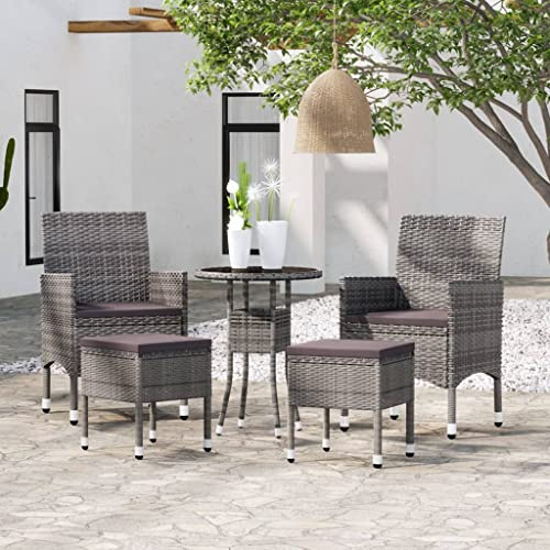Runheo Juego de muebles de jardín de 5 piezas, polirratán gris, mesa de 60 x 75 cm, 2 sillas y 2 taburetes, para terraza, balcón, zona de piscina, resistente