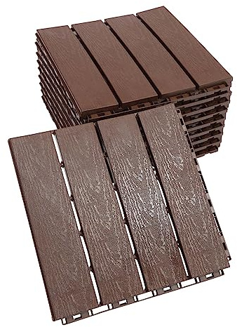 12 láminas de madera de acacia azulejos de balcón 30 x 30 cm, losas de terraza encajables, baldosas de suelo de madera, losa Clipsable revestimiento, espesor de 20 mm para jardín, piscina, balcón