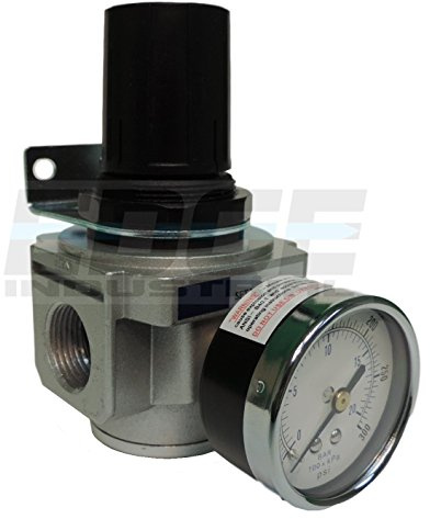 HEAVY DUTY IN-LINE COMPRESSED AIR PRESSURE REGULATOR FOR AIR COMPRESSOR, 7 TO 215 PSI ADJUSTABLE, HIGH FLOW RATE, WALL BRACKET AND GAUGE INCLUDED (3/4 NPT, 140 CFM)