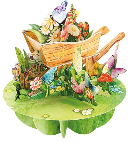 Santoro Pirouette, 3D-Pop-Up-Grußkarte – Schubkarre mit Blumen – für sie, für Mama, Geburtstag, Muttertag (Gelb, Grau, Grün, Gold)
